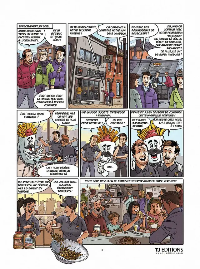 Planche 3 : ouverture de la troisième friterie à Lodelinsart et arrivée des mascottes cornet de frites.