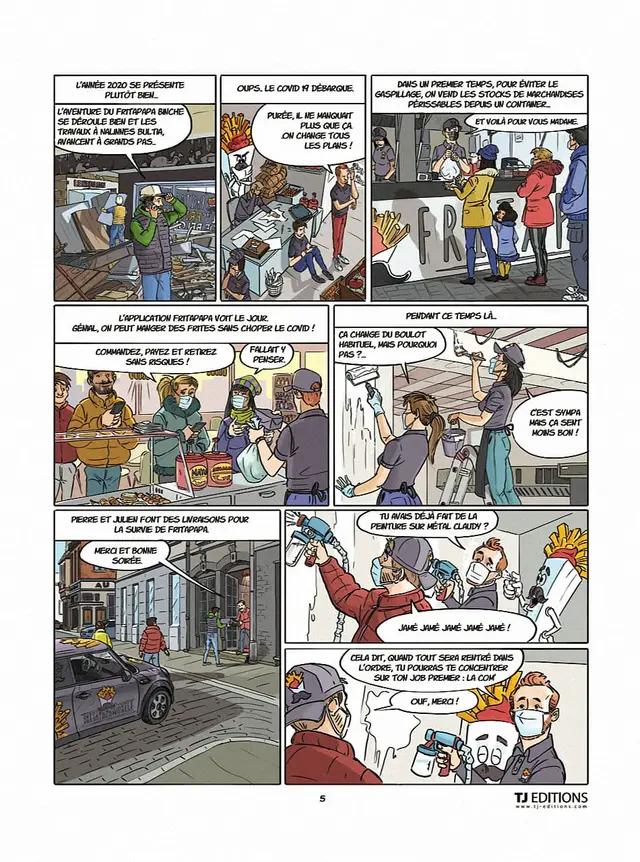 Planche 5 : la fermeture Covid, le lancement de l’application et les livraisons assurées par les fondateurs.
